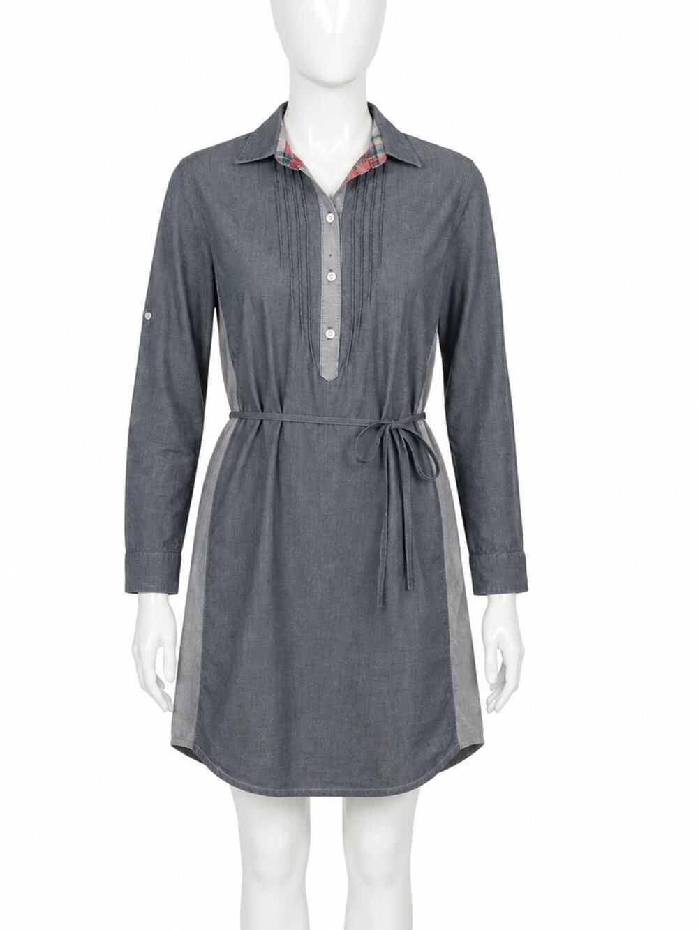 Kuhl Kiley Shirt Dress Gray Chambray Plaid Trim Pintuck Tie Waist Size L